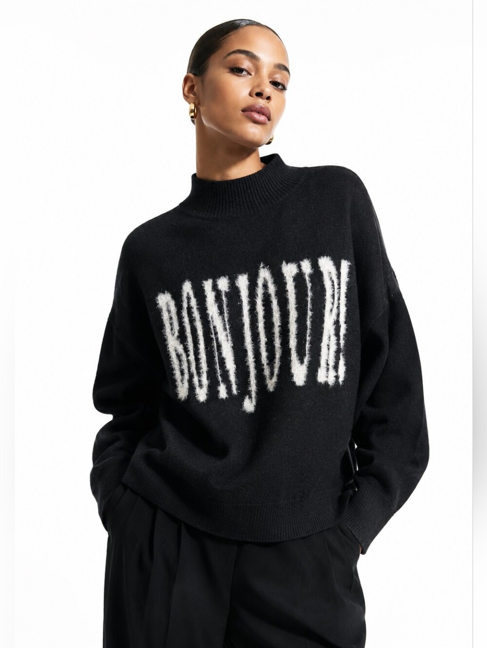 Cozy "BONJOUR!" Fuzzy Graphic Knit Mock-Neck Sweater